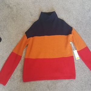 A Blue, Orange, and Red sweater